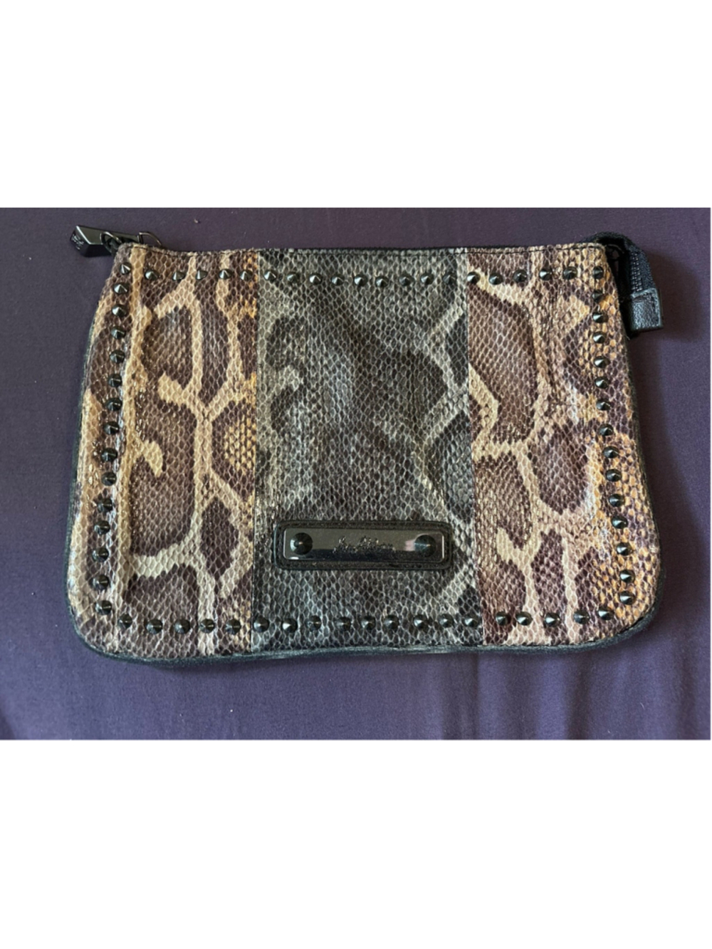 Sam Edelman Snake Print Studded Zip Pouch Clutch Cosmetic Bag Brown Black